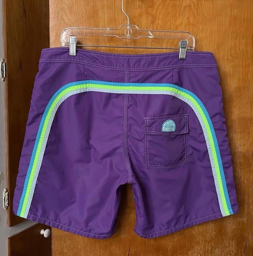 SUNDEK Men’s Iconic Taffeta Swim Trunks Shorts Sz 36 Purple Rainbow READ FLAW